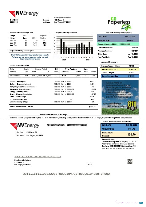 Download USA Nevada NV Energy business utility bill template in Word and PDF formats Photoshop template